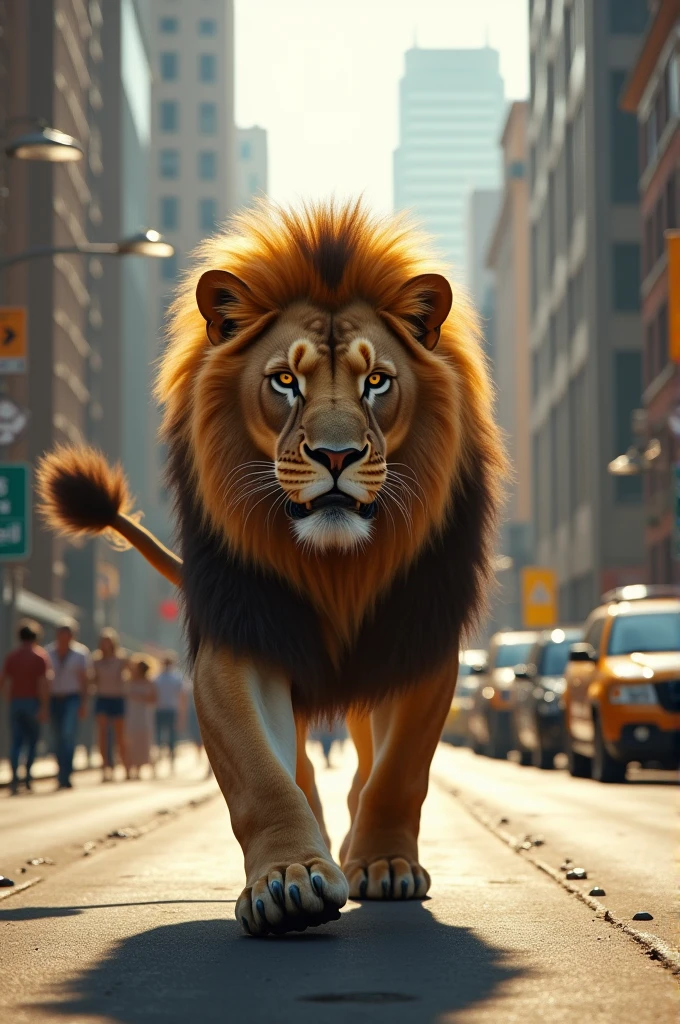 A lion walking on street 
