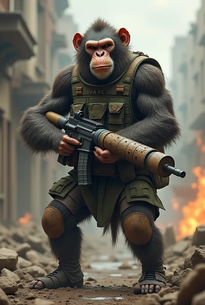 Monkey soldier military animal HOLDING bazooka RPG war scenario, combat marks