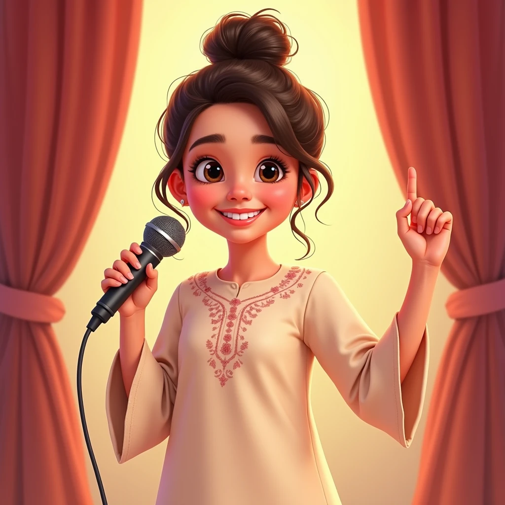 Lily, (highest quality, 4k, masterpiece:1.3), A young Pakistani Muslim girl wearing a traditional cream shalwar kameez with pink floral embroidery. Her hair is styled in a neat bun with loose strands framing her face, as seen in previous images. She holds the microphone with one hand, winking at the camera playfully, her other hand raised. The image is in a 2D animation style, with bright colors, cartoonish features, and soft, smooth shading. The background shows soft curtains, warm stage lighting, and a playful, joyful atmosphere. Clear outlines, simple textures, and an illustrated, digital painting look. (Cream shalwar kameez, pink floral embroidery, consistent outfit:1.3), (same hairstyle as before:1.3), (microphone in hand:1.3), (microphone always visible:1.3)