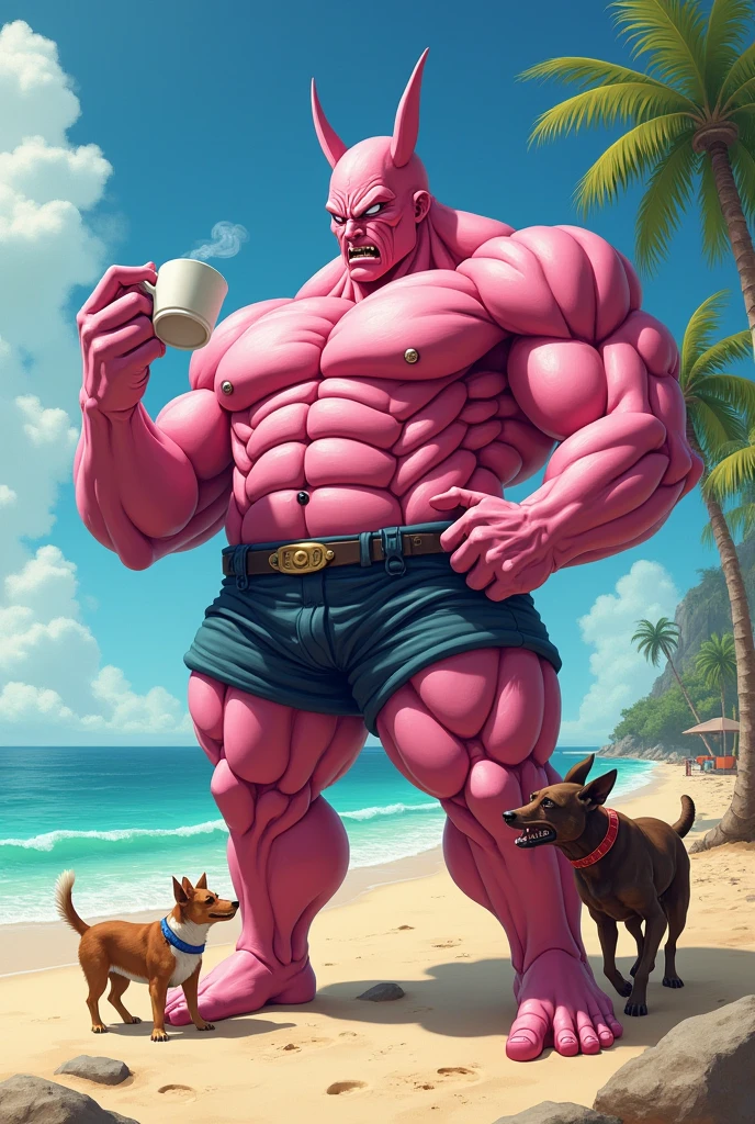 Majin boo drinking coffee on the beach Make him muscular with an evil face Now I put a dog biting his leg, and he peeing on the dog Majin boo peeing