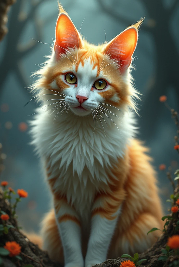 1 enchanted evil cat with 3 colors, white, brown and pastel yellow.