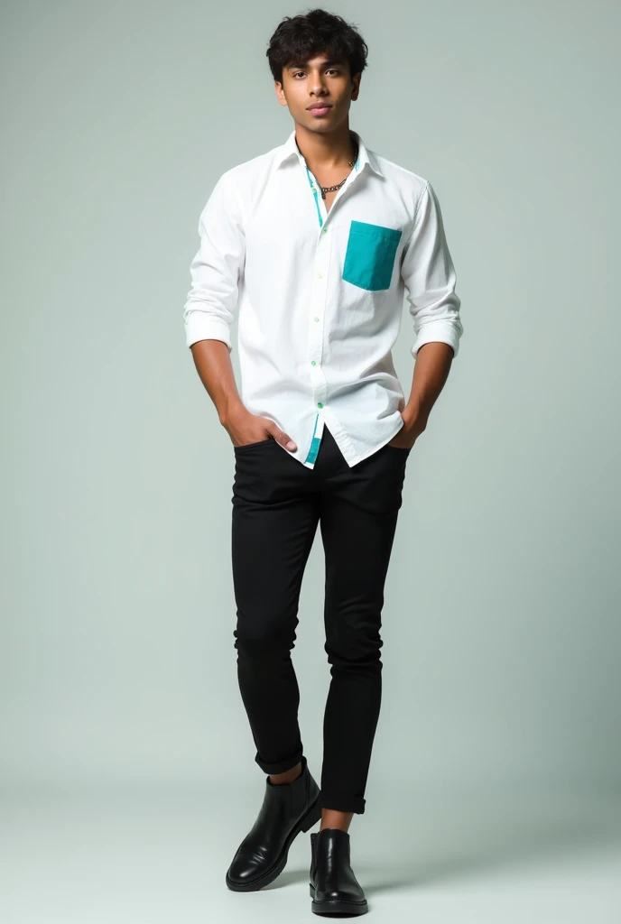 Young man wearing a white Columbia-style 3-quarter sleeve shirt with turquoise blue detailing on the pocket inside his pants, black pants , black booties
