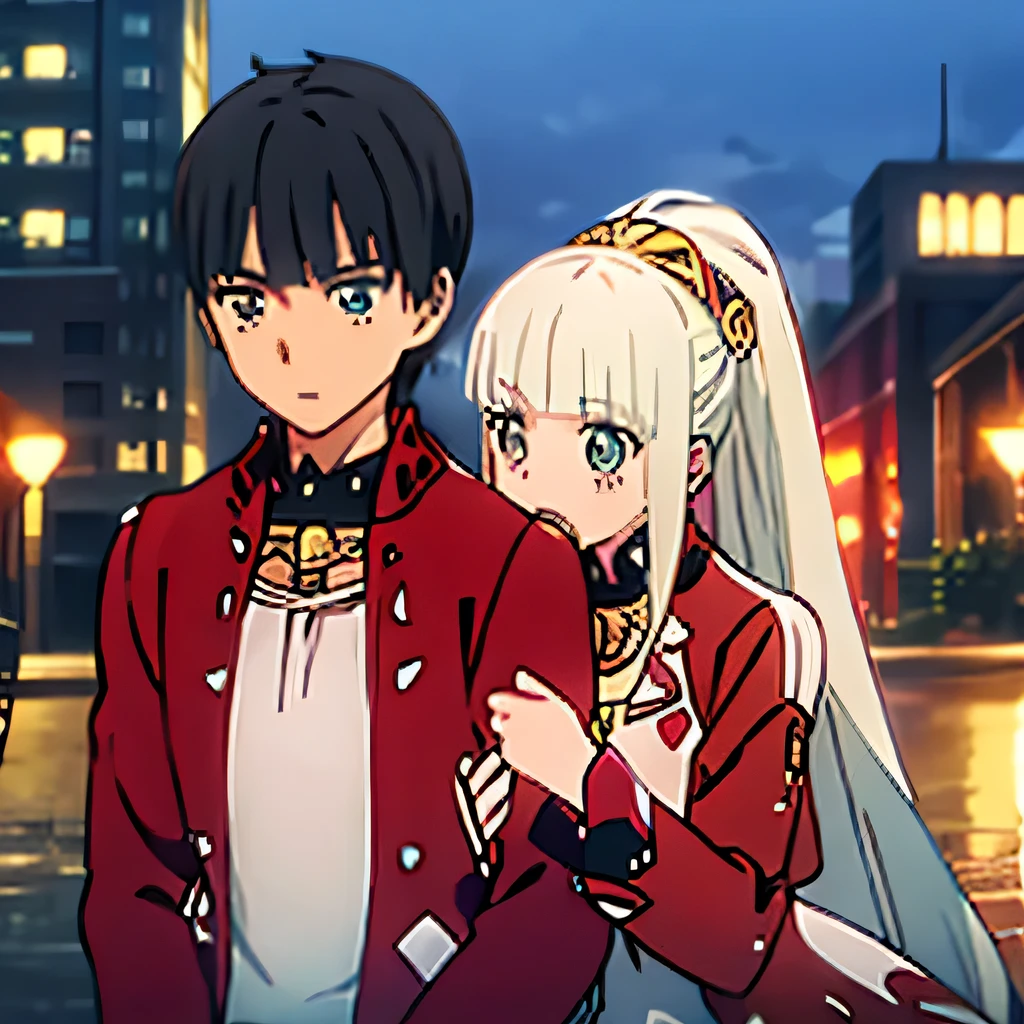 1 boy with black hair, Red jacket romantically kissing a girl in a red and white dress Long light green hair and green eyes, bright city at night in the background., True love, blushing cheeks, high quality 