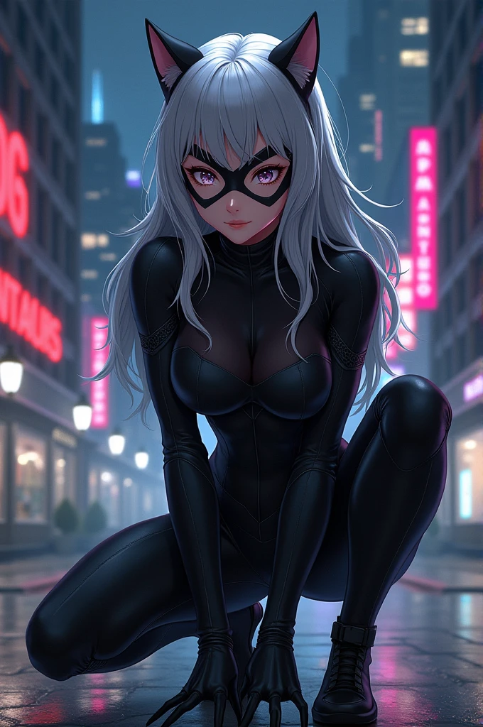 Alya as an anime character with silver hair dressed as Catwoman from the DC universe