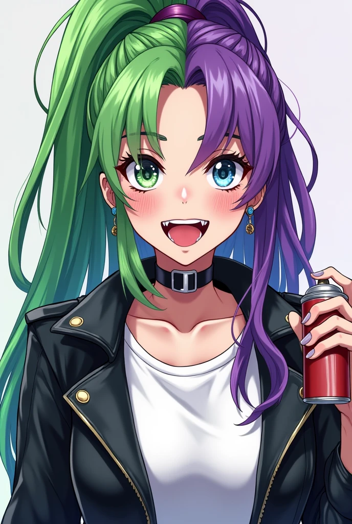 Generates a woman with green hair and eye on the left side and purple hair and eye on the right side in anime style. she wearing a White t-shirt with leather jacket and her tooth is sharp triangle shape, she is smiling exposing her tooth, punky style, long ponytail, tall, she is insane, and she is holding a graffiti spray with her hand, best quality, wide open eyes, earrings, small pupils, she is tall hight