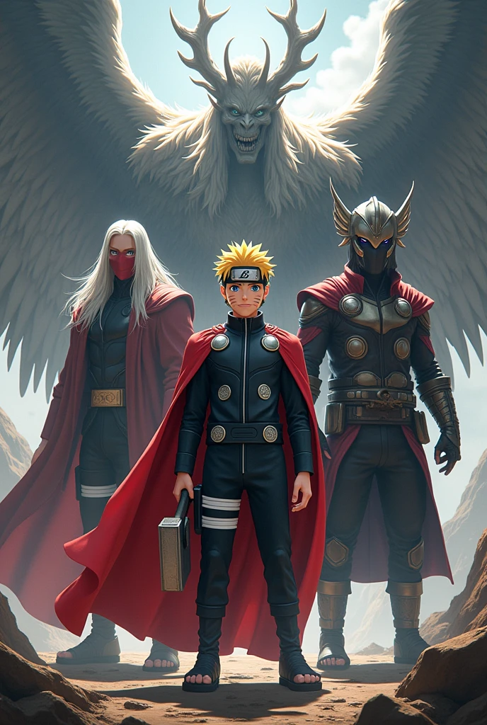A Naruto wear thor full costume with kurama with sukuna standin and one hammer in Naruto's hand
