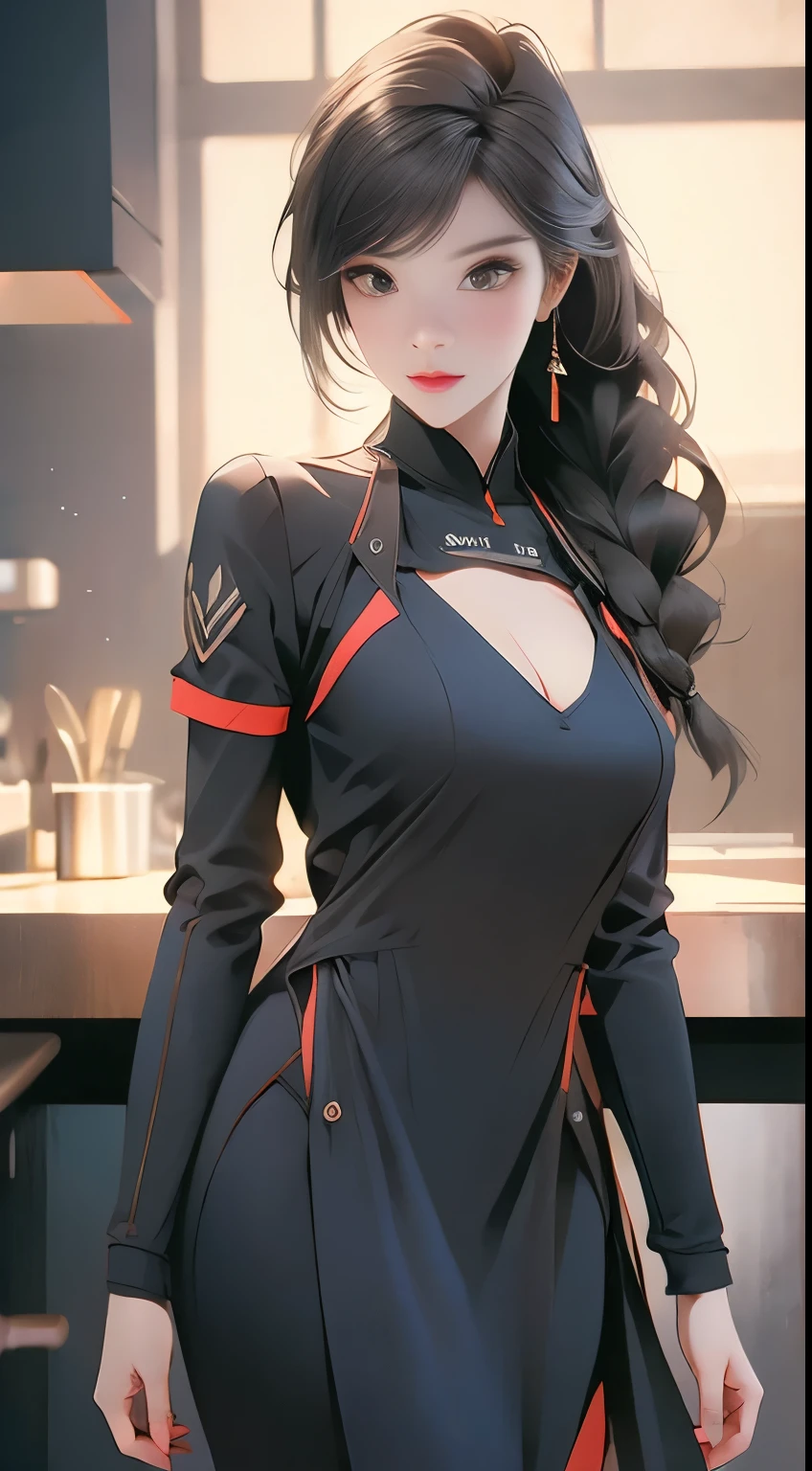 （Best quality at best））， （（tmasterpiece））， （The content is very detailed： 1.3）， 3D， Mecha Chef，The eyes are delicate，largeeyes， Beautiful cyberpunk woman wearing a crown， Comes with chef style armor， sci-fi tech， HighDynamicRange（HighDynamicRange）， Ray traching， NVIDIA RTX， Hyper-Resolution， Unreal 5， sub surface scattering， PBR textures， Post-processing，big breasts， Anisotropy Filtering， depth of fields， Maximum Acutance and Acutance， Many-Layer Textures， Specular and albedo mapping， Surface Coloring， Accurately simulate the interaction of light with materials， proporções perfeitas，Rendered by Octane，twotonelighting，Low ISO，White balance，trichotomy，largeaperture，8K raw data，High efficiency sub-pixel，sub-pixel convolution，Light particles，Light scattering，dingdall effect，Very sexy，Full body lesbian，Fighting posture，black hair and braids， Hot body
