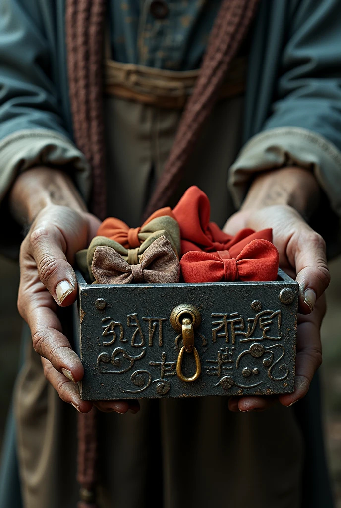 A mysterious metal box with carvings on the outside. An inscription in a strange language on the forehead. open lid. Held by a simple man's hand with nails full of dirt. Inside a collection of fine bows typical of colored panties, varied sizes and formats.