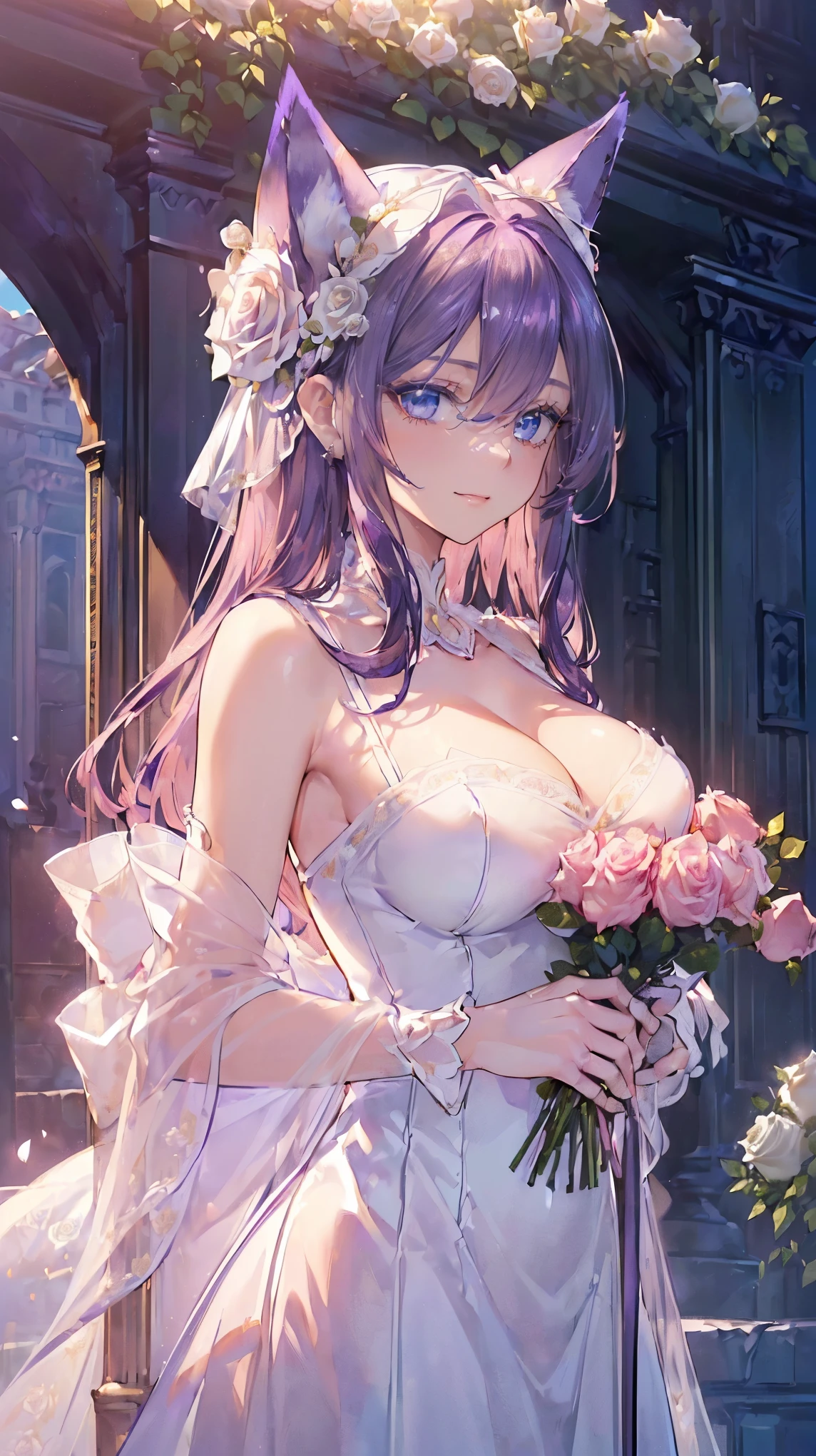 (((Masterpiece))), (((Highest quality))), ((Ultra-detailed)), ((Super fine illustration)), ((Ultra-fine painting)), ((16K highest quality wallpaper:1.4), (Upper body:1.6), (Highly detailed and delicate illustration style:1.8), Detailed skin texture, Detailed cloth texture, Detailed rose flower texture, Extreme detailed description, (Highly detailed face:1.4), (Highly beautiful and detailed Dark-Purple fox ears:1.2), (Highly beautiful and detailed Dark-Purple hair:1.2), (Highly beautiful and detailed Blue eyes:1.2), Original, RAW photo, Professional, Intricate details, Super details, Perfect anatomy:1.4, Highly detailed hands, Highly detailed fingers, Highly detailed fingertips, (27-years-old:1.4), (Sexy), (Sexy), (Solo:1.6), (A very beautiful and attractive Purple fox female fashion model:1.4))
BRAKE
((Beautiful and adorable Dark-Purple fox ears:1.6), (Highly detailed and delicate Dark-Purple fox ears:1.2), (Beautiful and well-shaped big breasts:1.2), Beautiful and well-shaped buttocks, (Beautiful and shiny Dark-Purple hair:1.6), (Highly detailed and delicate Dark-Purple hair:1.2), (Beautiful clear blue eyes:1.6), (Highly detailed and delicate blue eyes:1.2), (Highly detailed face:1.4), (Smile:1.4), (Looking at viewer:1.4), (Standing:1.4), (Celebration:1.4))
BRAKE
((A beautiful and gorgeous Cleavage Off-the-shoulder-princess-dress that is detailed and delicate to be worn at celebratory occasions:1.4))
BRAKE
((Holding in both hands a large bouquet of highly detailed and delicate ((white and pink roses:1.2)):1.6))
BRAKE
(((Just after noon:1.4), (Celebration:1.4), (Highly detailed and delicate white rose flower and pink rose flower garden background:1.4), Highly detailed and delicate royal palace courtyard background in just after noon:1.4))
BRAKE