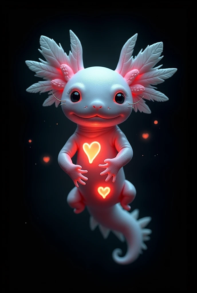 Axolotl with several hearts and black background