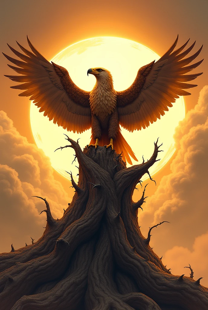 Eagle drawn in the middle on top of a trunk with thorns and sun rays coming from behind the eagle