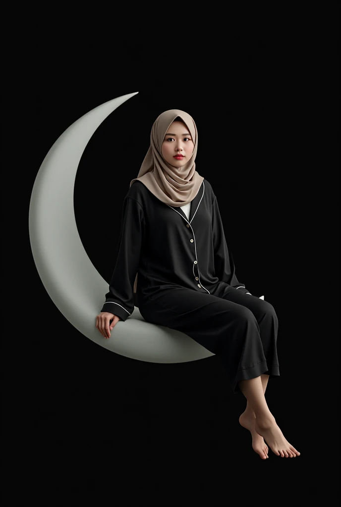 (photorealism:1.2), Asian woman with curve body, wearing hijab, black pajamas, medium, sitting on a crescent moon veil on a plain black background