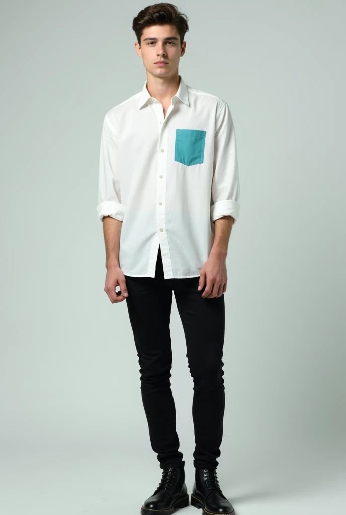 Young man wearing a white Columbia-style 3-quarter sleeve shirt with turquoise blue detail on the pocket inside the pants, black pants , black booties

