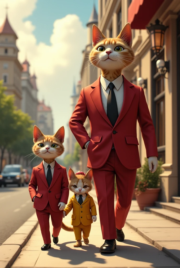 The scene is about a young cat family walking with 2 legs just like human beings, we have a Tall Male cat 6 feet wearing red suit and white shirt and black tie walking alongside his young one cat 3 feet male cat wearing also the same attire as his father. The female cat is also walking with them but on the other side of the male cat. The female cat is wearing a yellow suit and black shirt. The family is walking beside a busy road. After few minutes of walking they reach a beautiful hotel and the male cat orders delicious food after which they are served eat and bordered a car and headed home