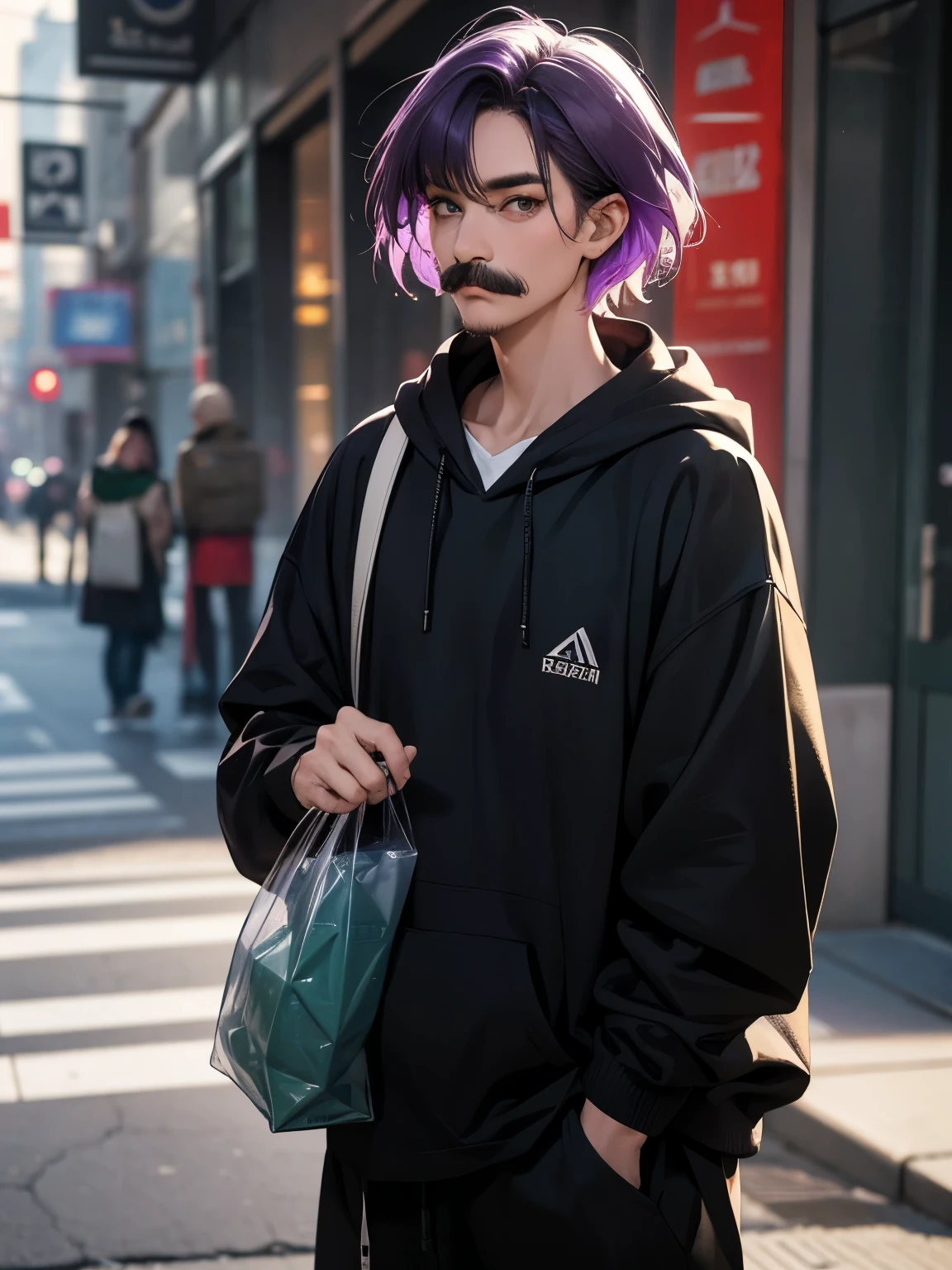 1 old man, 70 years old,Carrying a big bag, early in the morning,,purple hair,short hair, green eyes, purple mustache,black hoodie, black trousers,,ultra detail, ultra HD, standing, close up photo
