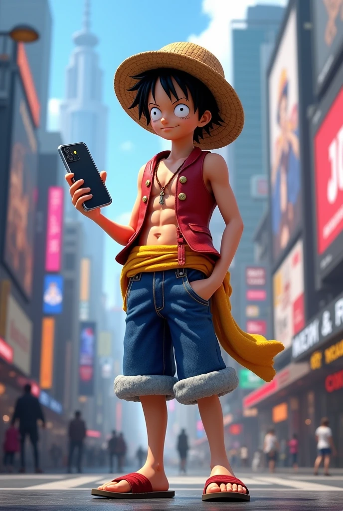 Create a realistic image of luffy with cell phone in hand 