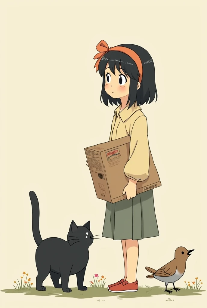 Animated scene of a woman with a cat and a bird, Scrape delivery service, Kiki&#39;s Delivery Service, Ghibli anime style, by Miyazaki, Ghibli anime style style, Miyazaki anime films, Miyazaki Movies, Studio Ghibli Anime, studio ghibli and shinkai makoto, Miyazaki Movies, Studio Ghibli Animeーション, Ghibli anime movie simple background, Simple eyes、The cat is black、Faint Lines、Black Hair, ribbon, Headband, Bob