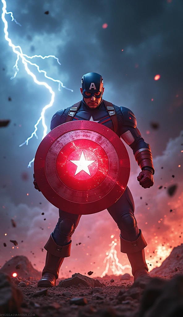 Depict Captain America in a powerful, dramatic scene where a fragment of the Reality Stone fuses with his iconic shield. The image should capture the moment of fusion with intense energy radiating from the point of contact between the stone and the shield. The Reality Stone, glowing with a vibrant and ominous red light, should be merging into the center of the shield, causing red and blue energy to swirl and intertwine around it.
Captain America stands at the center of the scene, his expression a mix of determination and awe as he grips the shield tightly. His stance is strong and grounded, as if bracing against the surge of power. The background features a stormy sky, dark clouds swirling with flashes of lightning, reflecting the turmoil of the transformation. The ground beneath him cracks and splinters, with debris being pushed outward by the force of the energy.
The shield itself should be illuminated with a glowing aura, and the red from the stone should contrast sharply with the
