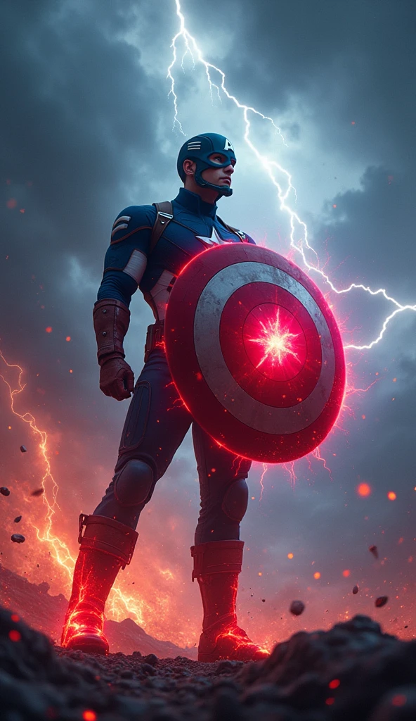 Depict Captain America in a powerful, dramatic scene where a fragment of the Reality Stone fuses with his iconic shield. The image should capture the moment of fusion with intense energy radiating from the point of contact between the stone and the shield. The Reality Stone, glowing with a vibrant and ominous red light, should be merging into the center of the shield, causing red and blue energy to swirl and intertwine around it.

Captain America stands at the center of the scene, his expression a mix of determination and awe as he grips the shield tightly. His stance is strong and grounded, as if bracing against the surge of power. The background features a stormy sky, dark clouds swirling with flashes of lightning, reflecting the turmoil of the transformation. The ground beneath him cracks and splinters, with debris being pushed outward by the force of the energy.

The shield itself should be illuminated with a glowing aura, and the red from the stone should contrast sharply with the