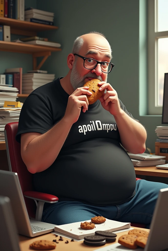 white male, aged 50, very bald, cheeky, Scrawny, but very pot-bellied, smooth, shaved and wrinkled face, wearing glasses, eating baguette with lots of ham, leaning against a cluttered computer desk, stacks of papers, Oreo crumbs and cookies. Wearing a black shirt with the phrase APOI0 MPU