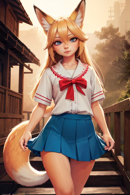 1girl, blonde hair, fox ear hair, multiple fox tails, oripathy injury, flared summer skirt, holding own tail, hairbrush, jumping excitedly, wooden pedestrian bridge, (best quality,4k,8k,highres,masterpiece:1.2),ultra-detailed,(realistic,photorealistic,photo-realistic:1.37),detailed eyes,detailed lips,extremely detailed eyes and face,long eyelashes,digital painting,vibrant colors,dramatic lighting,cinematic composition