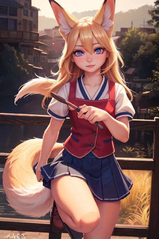 1girl, blonde hair, fox ear hair, multiple fox tails, oripathy injury, flared summer skirt, holding own tail, hairbrush, jumping excitedly, wooden pedestrian bridge, (best quality,4k,8k,highres,masterpiece:1.2),ultra-detailed,(realistic,photorealistic,photo-realistic:1.37),detailed eyes,detailed lips,extremely detailed eyes and face,long eyelashes,digital painting,vibrant colors,dramatic lighting,cinematic composition