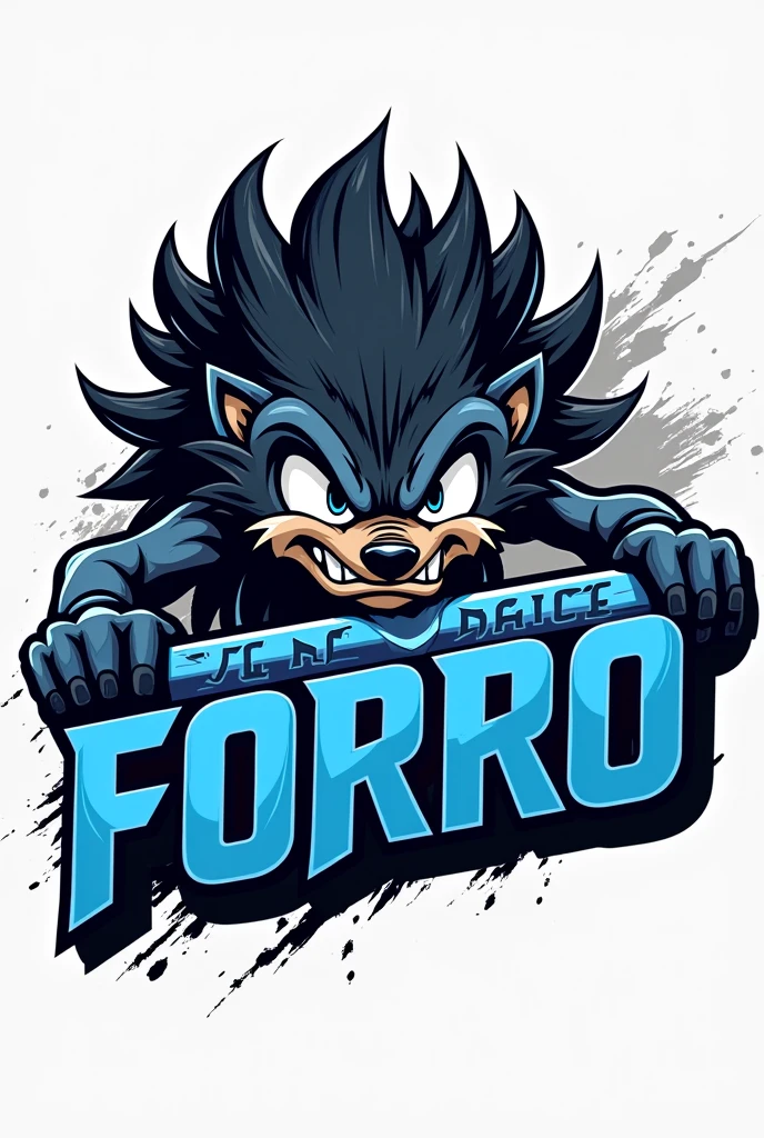 Volleyball team logo Angry black hedgehog holding a blue iron bar with the words come dance forró