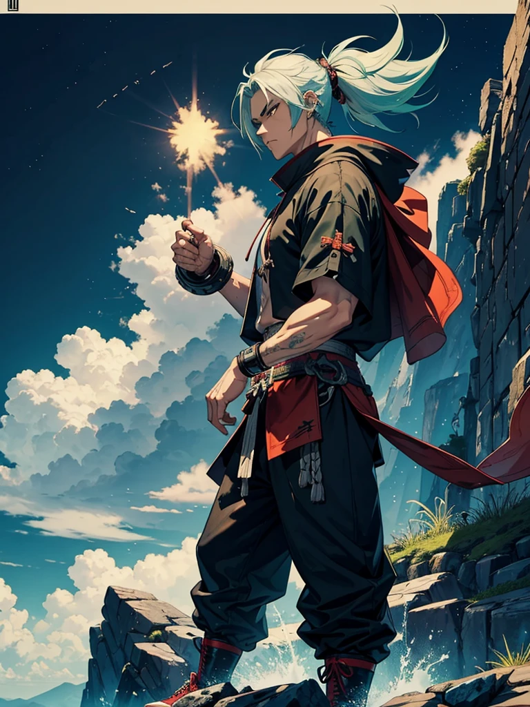 Spawn a samurai with 4 arms and brick-colored skin, with green hair and white hair. Let him be in an imposing pose and dress in baggy pants and corresponding sneakers. In addition, it must be relatively strong and located on a very high background, such as on the top of a mountain. Only 1 man. The vestiment need to be formal, like brown, night blue or black colours