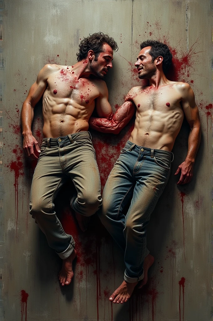 A rough oil paint of two men laying on opposite sides dead from a fight