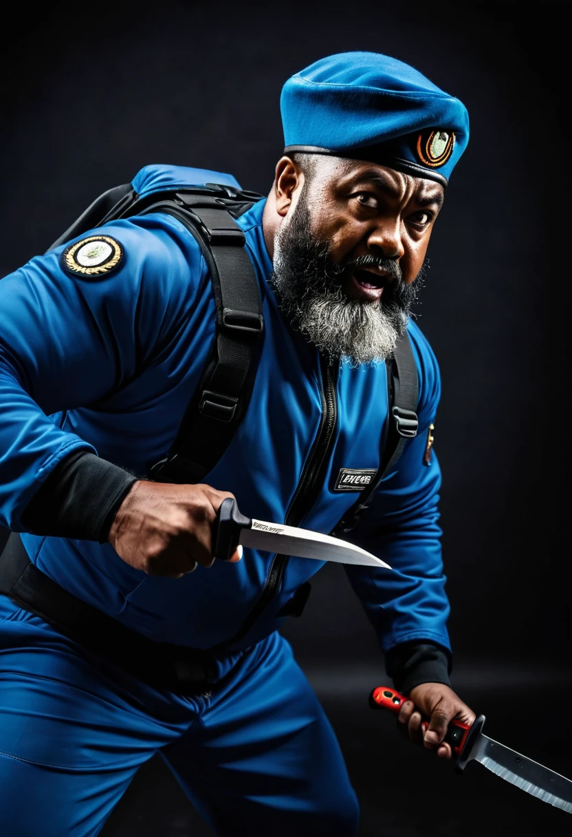 (a dark-skinned bearded fat old man in a bulky blue zipper diver suit) attacking with knife and (wearing army beret), muscular, Basuki Abdullah, sumatraism, action-packed atmosphere, a character portrait, heroic, fierce expression, angry, dramatic shadows and intense highlights, cinematic color tones, high detail, professional, best quality image