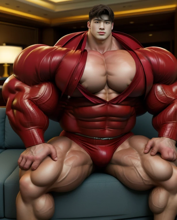 Japan man, man, youth, Best quality, crisp quality, Masterpiece, Highest resolution, Highly detailed, Red latex suit, love heart,huge chest muscle, huge
arms ,Full-body muscular figure,night club,mtu, giant, solo, giant bodybuilder, illuminating light, strong body, bulk, large size, sitting on couch, indoor, nude, enormous bulge pants, extraordinary big, brutalmass, giant muscular body, bulk, buff, massive body, large meaty body size, extremely wide body