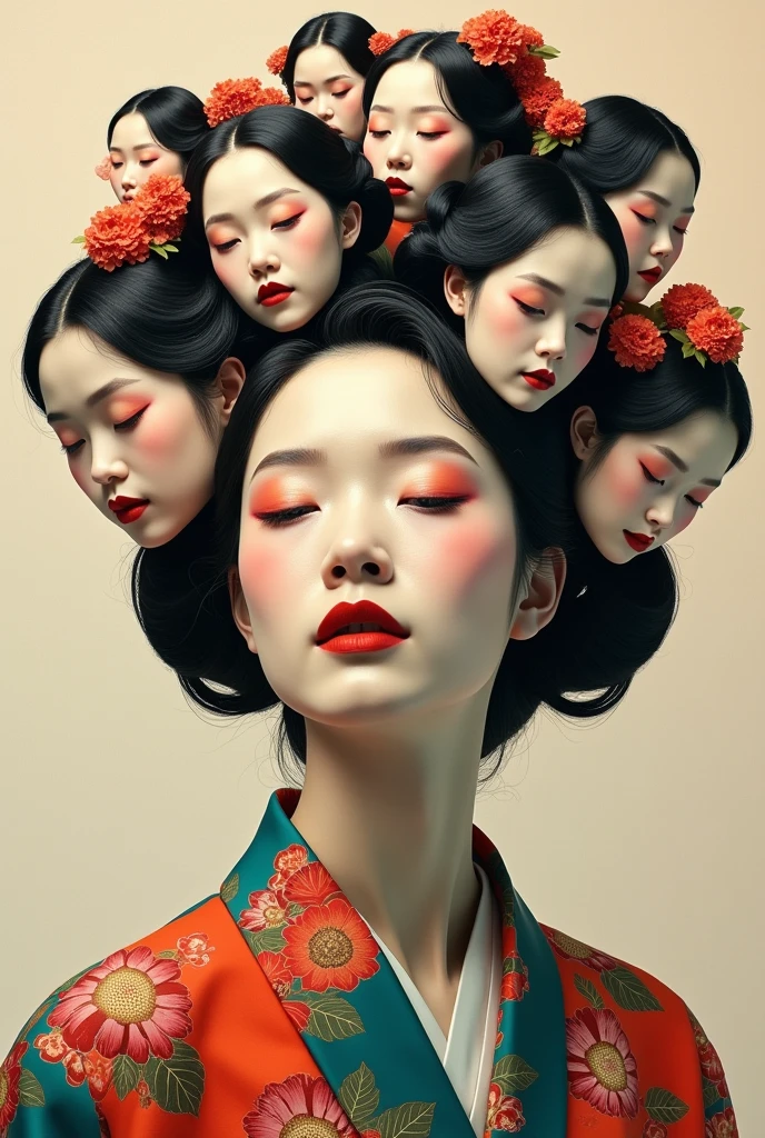 Expressionist artwork images of multiple floating heads of japanese women, 3d collage style, make it weird and gallery worthy