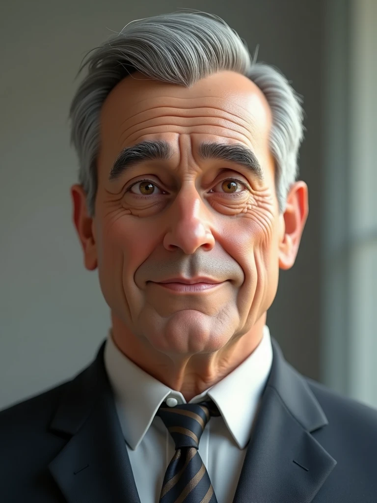 Create a 3D style character, of a 6 man, brown eyes, short gray hair, with a normal mouth, a big and airy nose, thick shadows, wearing dress clothes