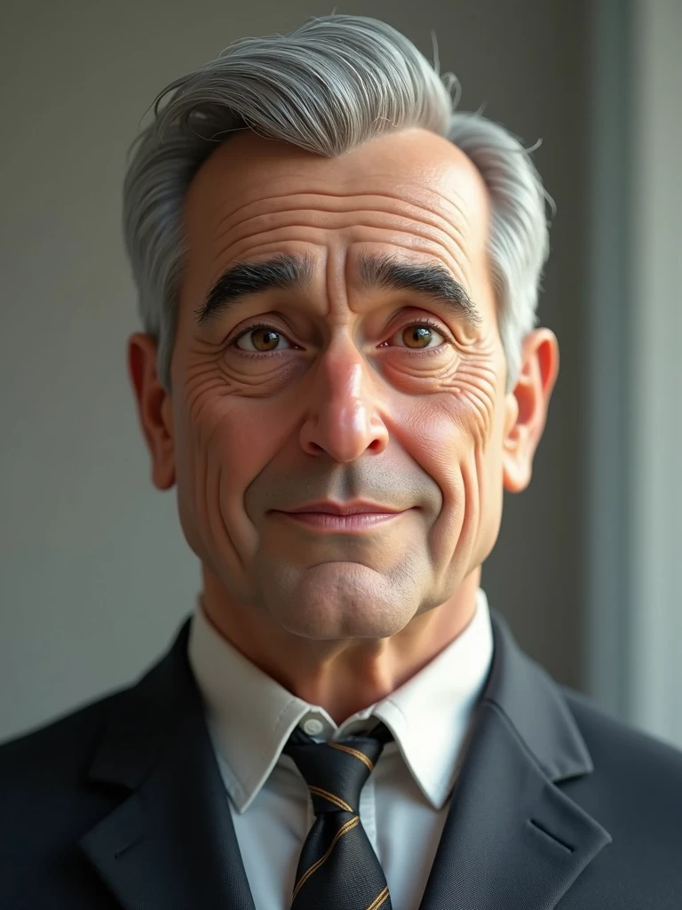 Create a 3D style character, of a 6 man, brown eyes, short gray hair, with a normal mouth, a big and airy nose, thick shadows, wearing dress clothes