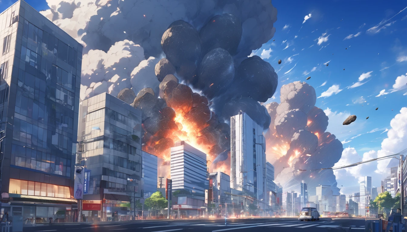 High definition、high resolution、Masterpiece、Tokyo building explodes and burns、City壊滅、blue sky、City、City、Buildings、Giant meteorites、meteorite falling、Makoto Shinkai style、
