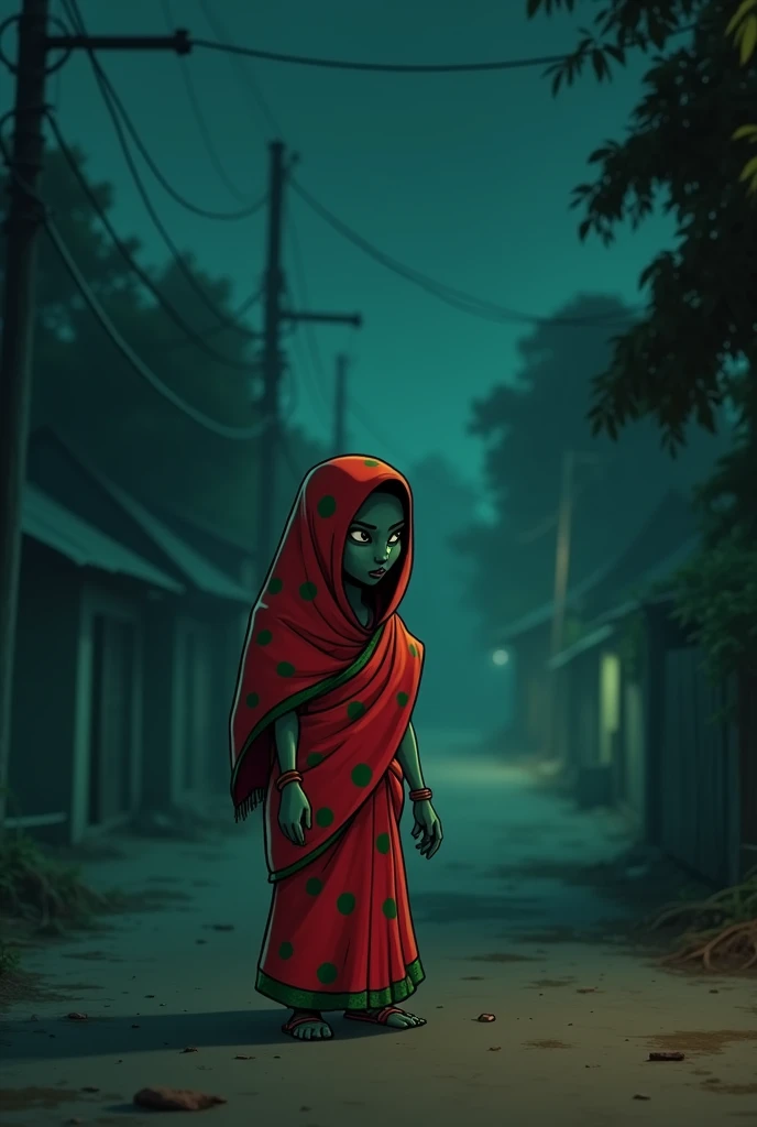 cinematic cartoon style (thumbnail photo realise:-16),a Indian chudail wearing a saree with closed the head with saree(palu), saree colour red with green point dots, chudail hight very small as compared to the background,chudail live on the village street, few small tree both sides of street, Cinematically dark night environment .The image looking very far long distance.chudail look from long distance with very small hight of chudail.and chudail closed the face with his saree.