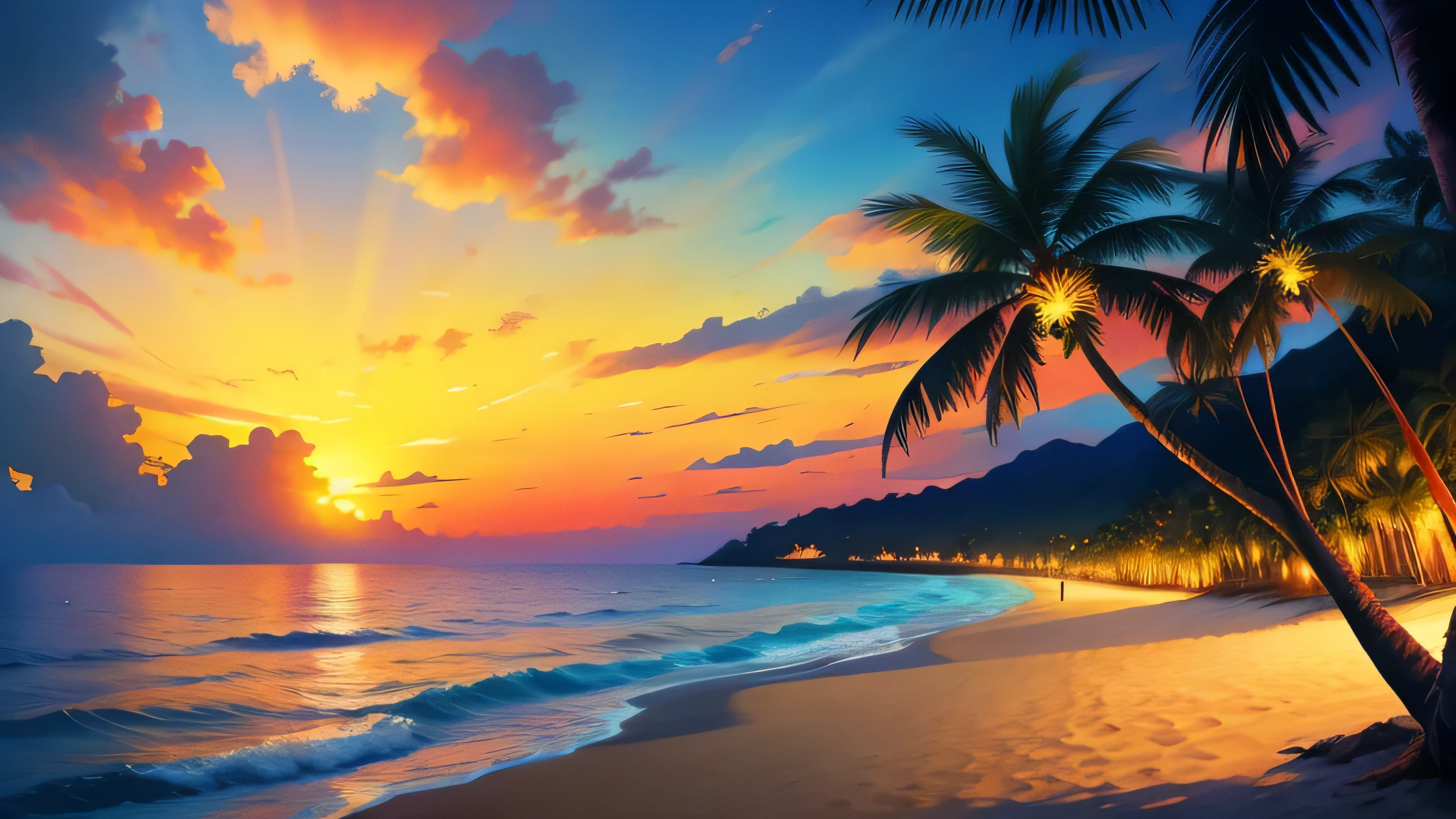 masterpiece, Highest quality, sunny beach, Vibrant tropical landscape with undulating palm trees, Realistic, photograph, sunny, Twilight, Tropical Jungle, High resolution, flower, Cinema Lighting