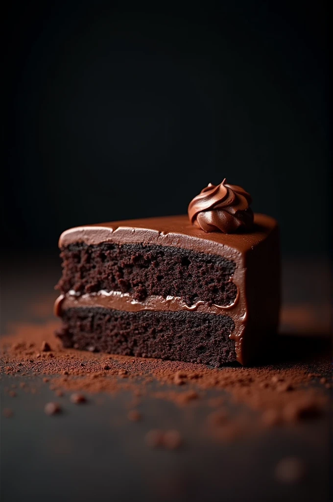 cinematic film still chocolate, chocolate cake, dark background, quality photo, moist texture, frosting, studio photo, slice . shallow depth of field, vignette, highly detailed, high budget, bokeh, cinemascope, moody, epic, gorgeous, film grain, grainy