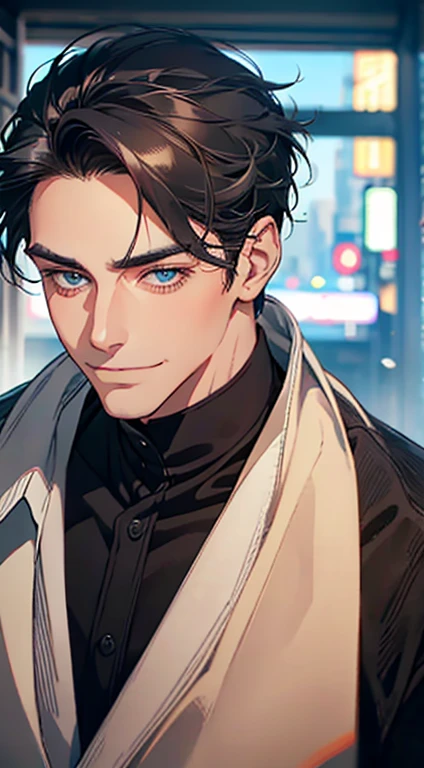 a mature man with short grey Black hair, blue eyes, 31 years, and a perfect face, smiling in love, CEO, cinematic lighting, 1:4 HDR image, top view, ultra detailed, best quality, masterpiece, 8K, photorealistic, beautiful image