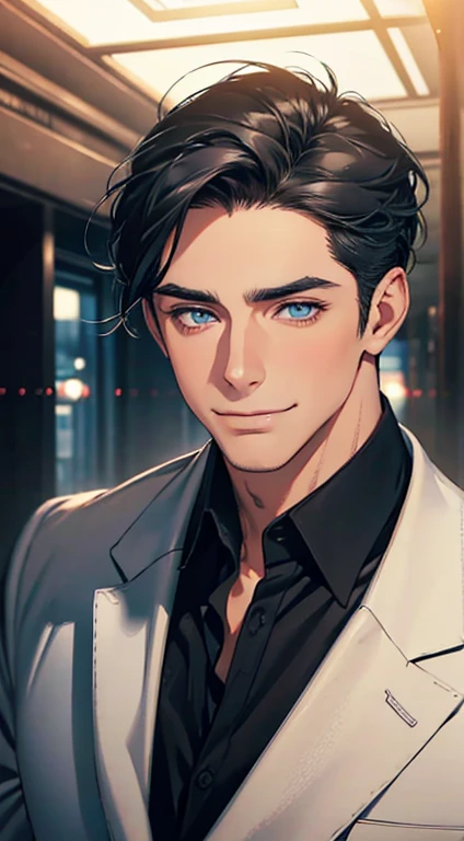 a mature man with short grey Black hair, blue eyes, 31 years, and a perfect face, smiling in love, CEO, cinematic lighting, 1:4 HDR image, top view, ultra detailed, best quality, masterpiece, 8K, photorealistic, beautiful image