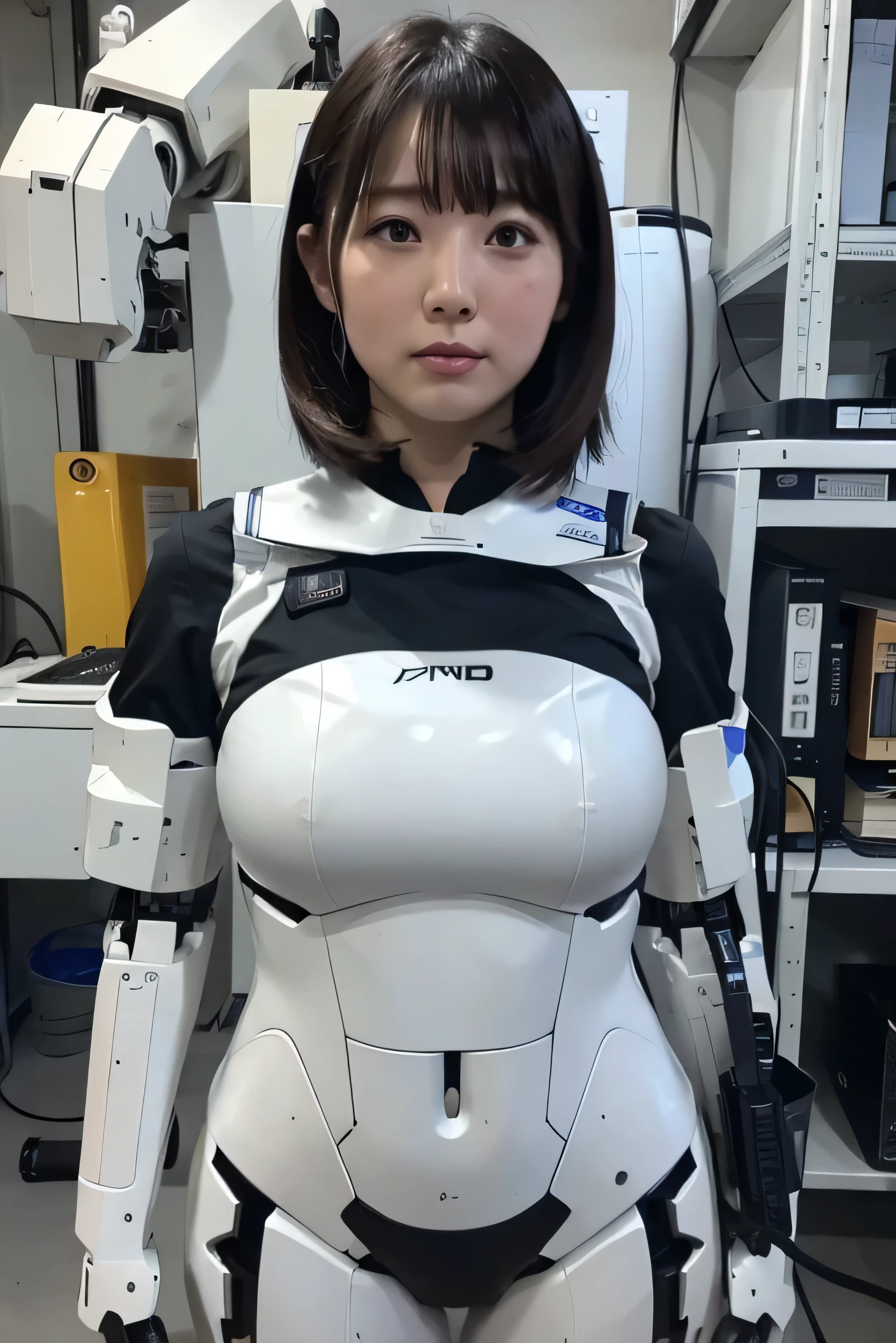 masterpiece, best quality, extremely detailed, (8K, 4K, Best Quality, hight resolution, 超A high resolution:1.1), 8K portrait,1girl in, Japaese android girl,android teacher,Plump , control panels,android,Droid,Mechanical Hand, ,Robot arms and legs, Black hair,Mechanical body,Blunt bangs,White Robotics Parts,perfect robot woman,Charging spot,Long Tube,A thick cable was connected to her neck,ceramic body ,android,robot humanoid,a bit chubby,panty,perfect mechanical body,white robotics body,future assembly plant,white body,She has repaired,black sponge joints,android assembly plant,android,laboratory,perfect machine body,white robot body,perfect cyborg girl,hypnosis,blank eyes