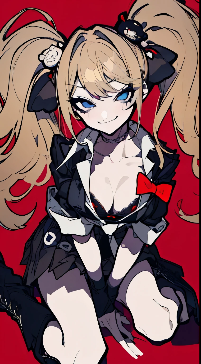 (Highest quality、masterpiece:1.2,Mature Woman),JunkoDG、Wavy blonde hair, Twin tails、blue eyes、Black Shirt、White tie、Black Bra、Cleavage、Red pleated skirt、choker、Black Leather Boots、Punk Girl、((Savage look、Lewd smile)), 