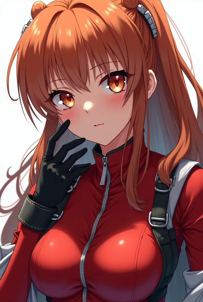 (8k, best quality, masterpiece:1.2), ultra-detailed, Masterpiece, realistic lighting,masterpiece, best quality, masterpiece, official art,extremely detailed CG unity 8k wallpaper,beautiful detailed eyes, light on face, 1girl, Asuka,Upper body, breasts, pilot_suit, plugsuit, red_jacket, windbreaker, gloves, bandage, hair_ornament, bracer,