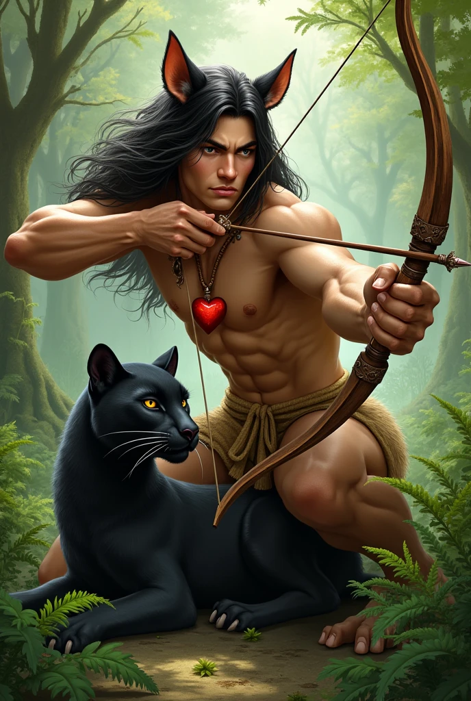 Handsome young man with tanned skin, very masculine facial features, with black hair down to the ground. He is shirtless. He has a human head., arms and torso, and legs like a faun with hooves, and completely covered with beige fur. He has a human upper body., and the lower one is like a deer&#39;s. He has a red heart pendant on his chest.. There are panther ears on the head. It is very beautiful. He squats in a thicket of ferns and shoots a bow.. Next to him is a kind black panther.