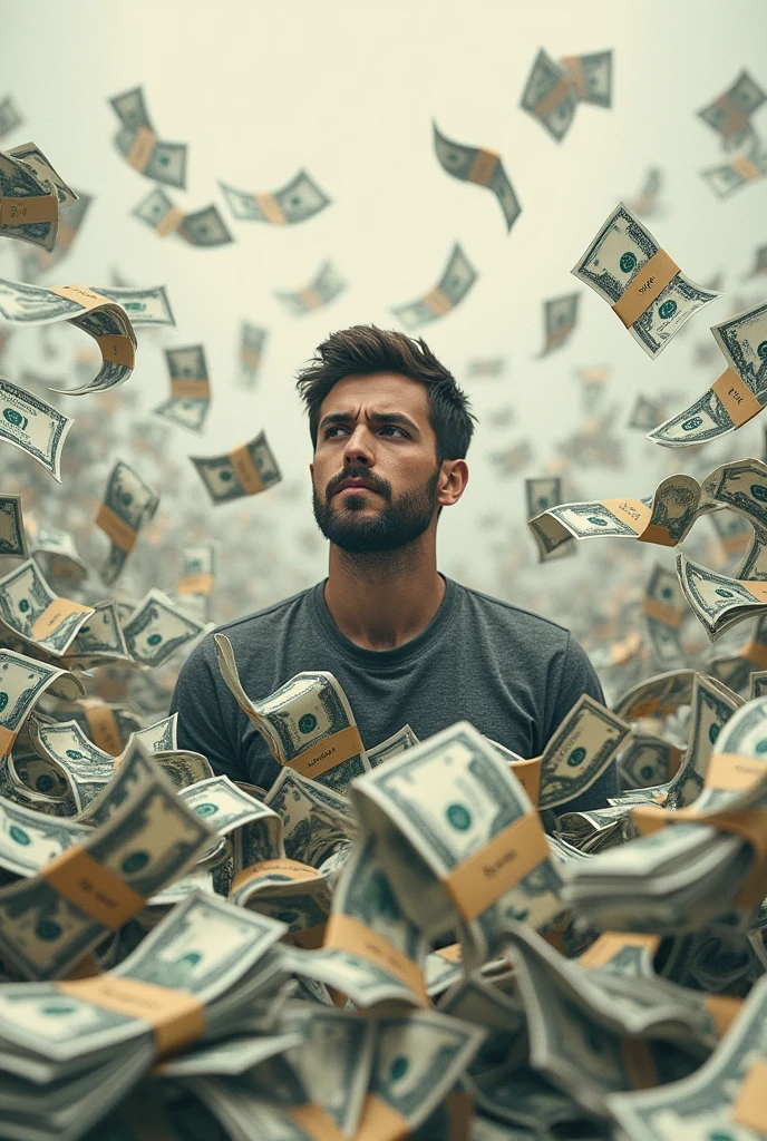 man surrounded by money with the notes written th in real in 2d