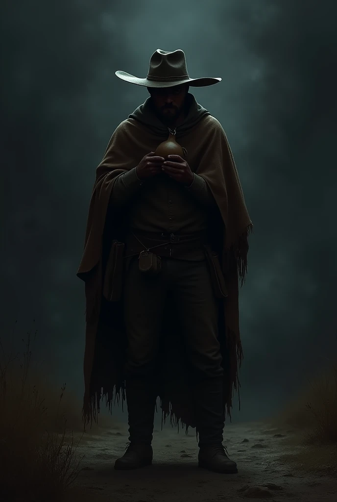 Gaucho character, all dark covered in shadow, taking a mate