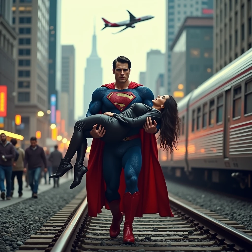 The image shows the Superman carrying an unconscious or injured woman while standing on train tracks in a cityscape. Behind him, there's a high-speed train and a jet flying overhead. The scene is chaotic, with people in the background running away in panic. This is another digitally manipulated or AI-generated image, blending superhero elements with a dramatic, action-packed setting. The Spiderman, with his immense strength and iconic green appearance, is depicted as a protector or savior in a dire situation.