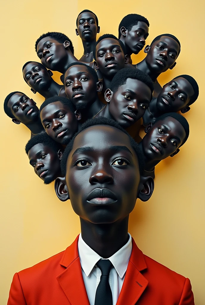 Expressionist artwork images of multiple floating heads of black men, 3d collage style, make it weird and gallery worthy