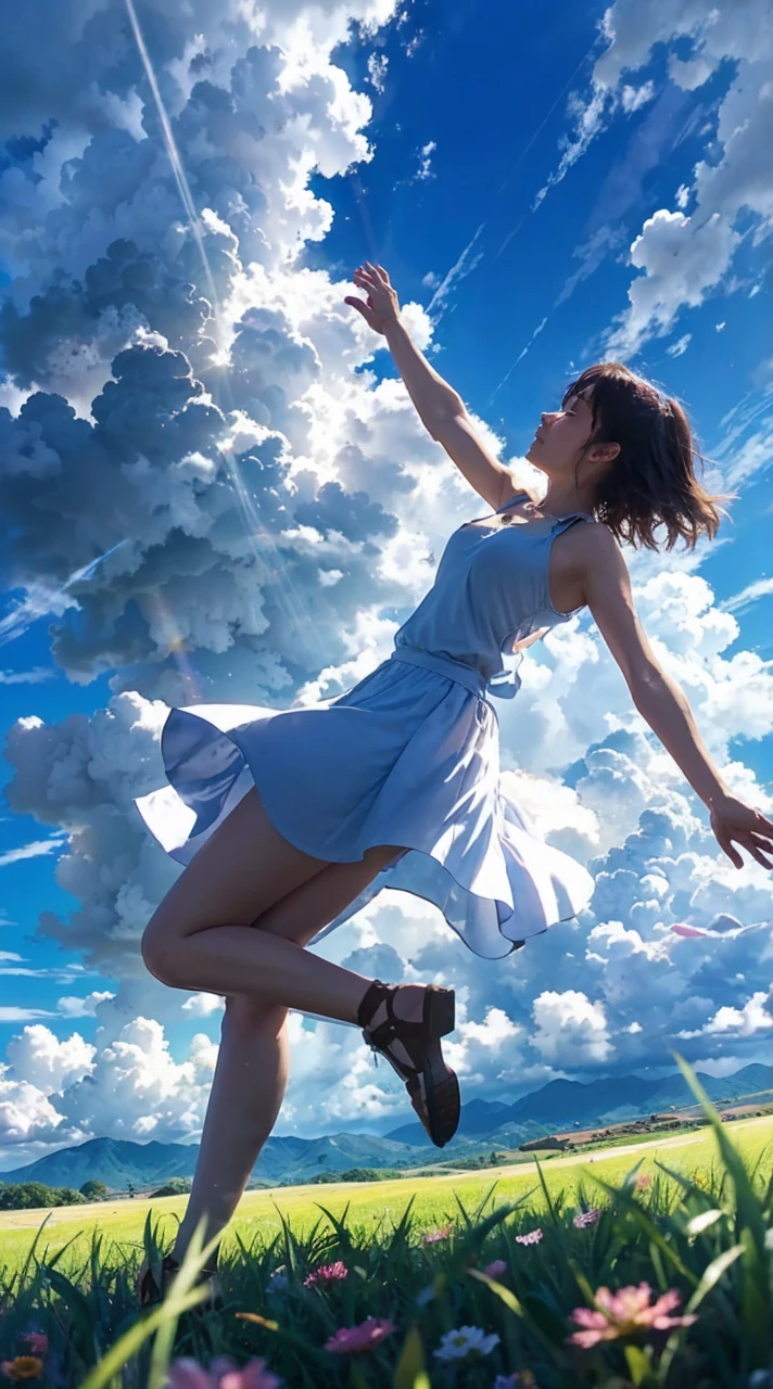 Immerse yourself in a stunning anime-inspired landscape, where a woman with her arms spread wide is falling through a dreamy blue sky. The scene is surrounded only by expansive, fantastical clouds, with the sun shining brightly to create a truly unique and visually captivating experience.