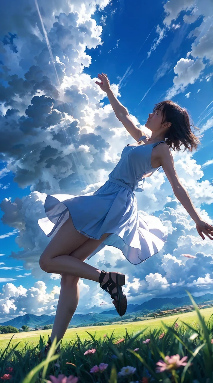 Immerse yourself in a stunning anime-inspired landscape, where a woman with her arms spread wide is falling through a dreamy blue sky. The scene is surrounded only by expansive, fantastical clouds, with the sun shining brightly to create a truly unique and visually captivating experience.